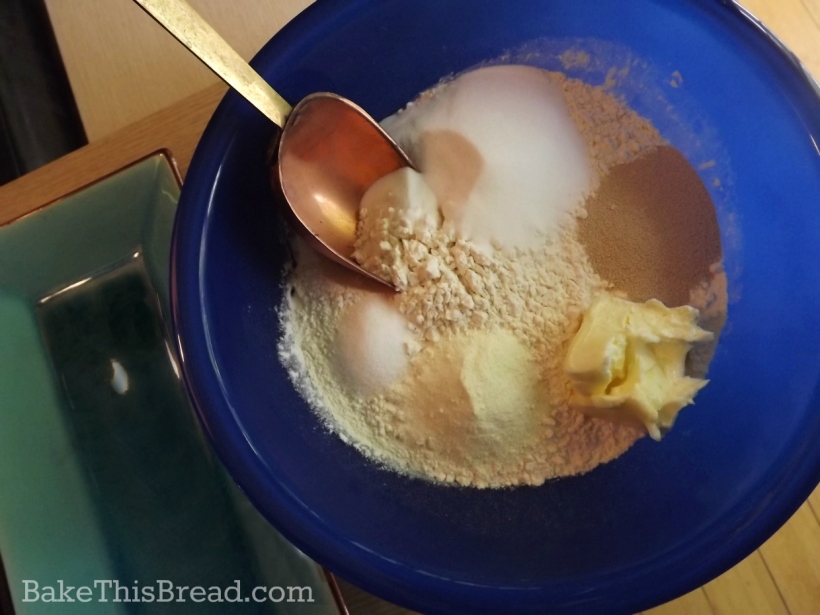 Whole Wheat Bread Ingredients in a Blue Vintage Bowl by Bake This Bread