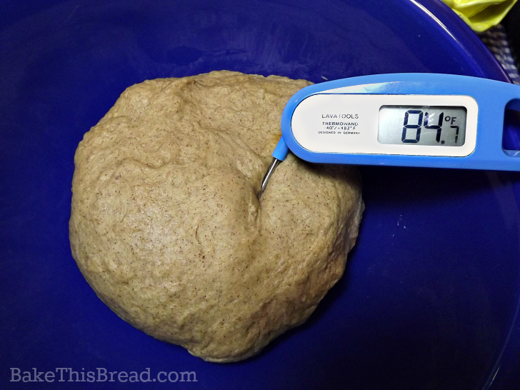 Internal temperature of fully kneaded dough is 84 degrees by bakethisbread