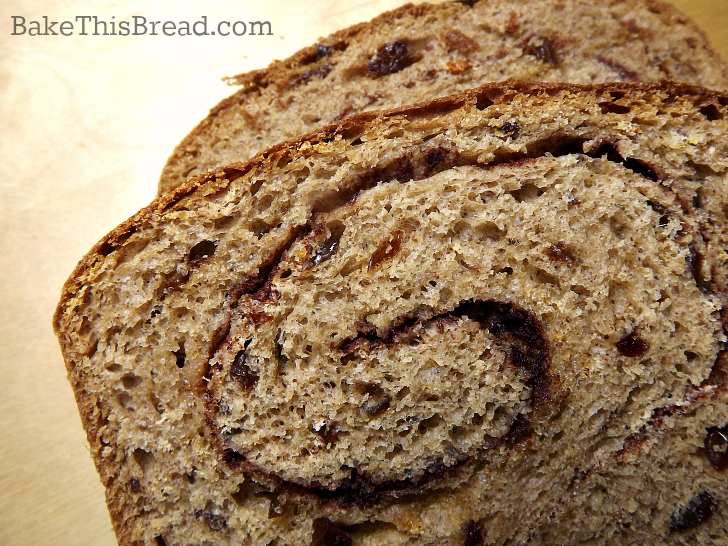 Close up slice of homemade Cinnamon Swirl Bread by bake this bread